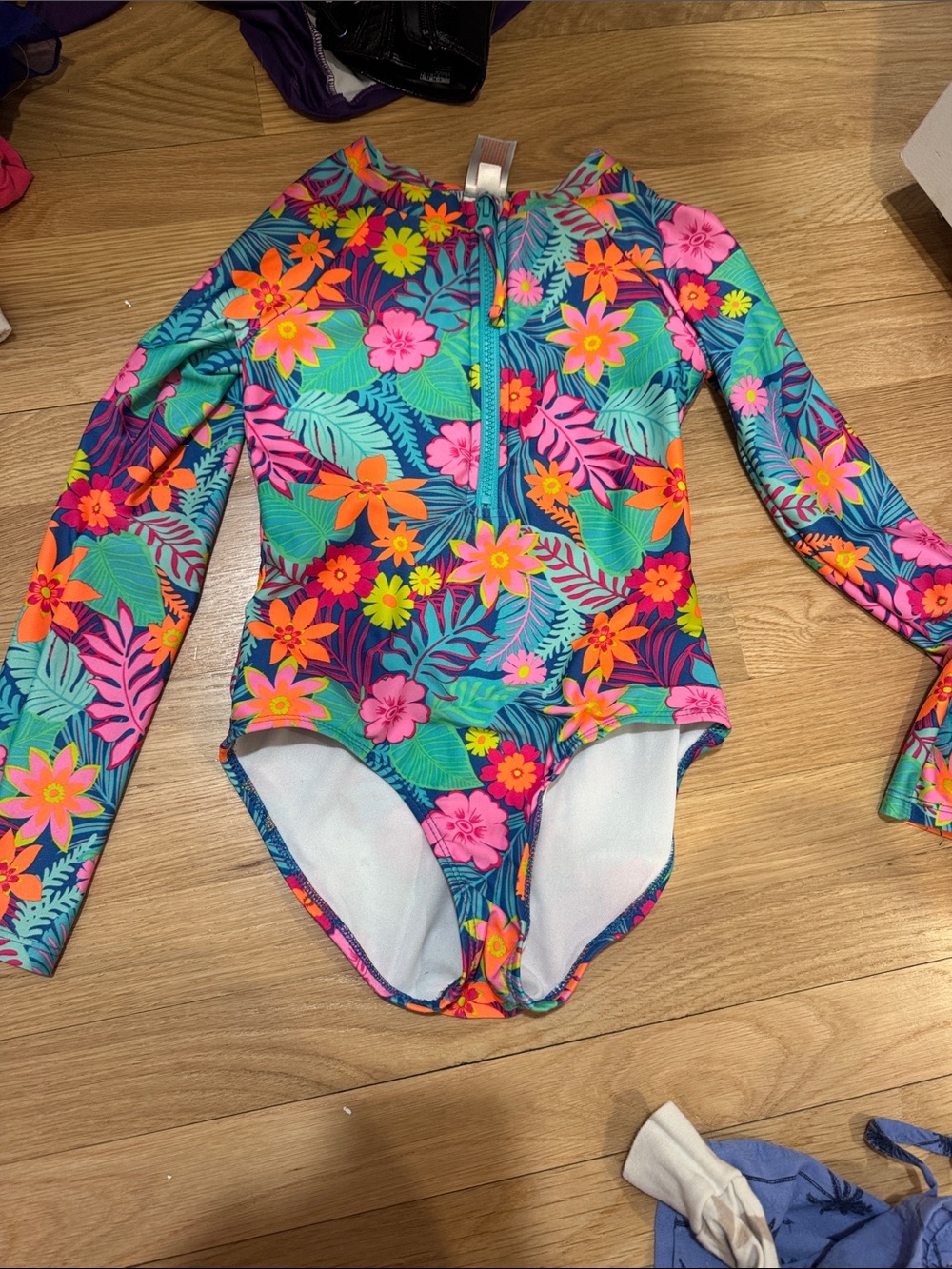 Target Kids Long-Sleeve Floral One-Piece Swimsuit - Blue, Pink, Orange, Green